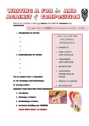 English Worksheet: WRITING A FOR AND AGAINST COMPOSITION (GUIDELINE): TATTOOS