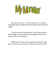 English worksheet: MY MONSTER (1/2)