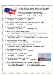 English Worksheet: USA general knowledge quiz and pictures