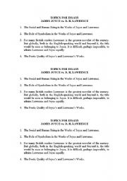 English worksheet: TOPICS FOR ESSAYS  JAMES JOYCE vs. D. H. LAWRENCE    