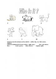 English worksheet: who is it? Find the animals name