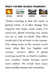 English Worksheet: global warming reading work sheet