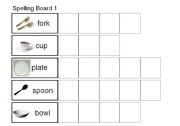English Worksheet: Spelling words fork spoon cup bowl plate