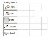 English worksheet: Spelling words fork spoon cup bowl plate