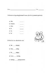 English worksheet: personal pronouns, verb tobe and present continuous