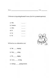 English Worksheet: personal pronouns, verb tobe and present continuous
