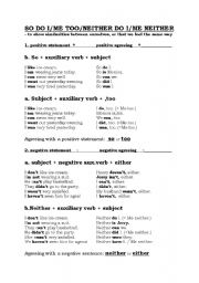 English Worksheet: So do I/ I do , too/ neither do I/I don�t either grammar handout