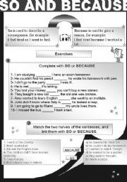 English Worksheet: So and because