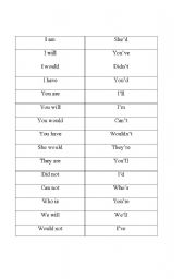 English worksheet: Contraction Flash Cards