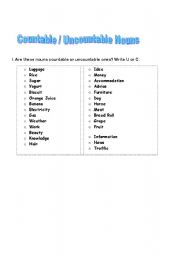 English Worksheet: Countable/Uncountable Nouns