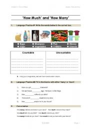 English Worksheet: Countable & Uncountable nouns with Much and Many