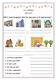 English worksheet: there is there are with places
