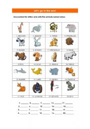 English Worksheet: Unscramble the letters of the animals names