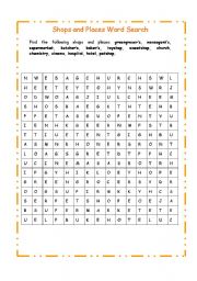 English Worksheet: Shops and Places Word Search