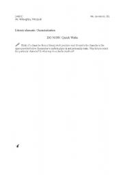English worksheet: Quick Write - Intro to characterization