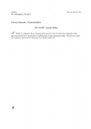 English Worksheet: Quick Write - Intro to characterization