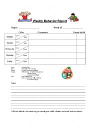 English worksheet: Weekly Behavior Report