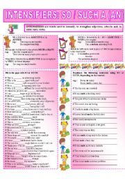 English Worksheet: INTENSIFIERS: SO / SUCH A (AN) (5 - 6)