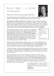 English Worksheet: Roald Dahl biography comprehension