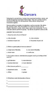 English worksheet: dancer reading comprehension