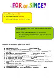 English Worksheet: For or Since?
