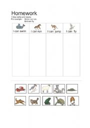 English worksheet: Animals and modal ver can