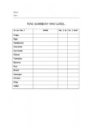 English worksheet: find somebody who likes... + FOOD