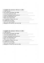 English Worksheet: Too / Either