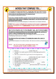 English Worksheet: UNINTERSTED / DISINTRESTED- ECONOMY / ECONOMIC(AL)