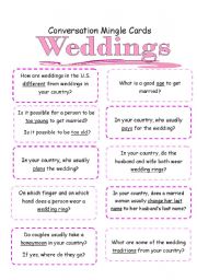 English Worksheet: *Weddings | Activity 2*  Mingle: Conversation Starter Cards [3 pages, instructions included]