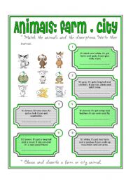 English Worksheet: animals farm and city