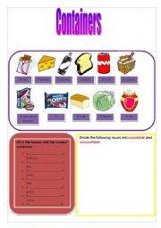 English Worksheet: Containers, countable and uncountable nouns