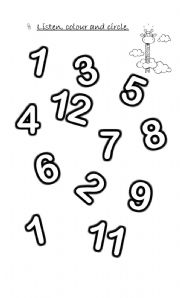 English worksheet: Listening + numbers + colours