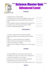 English worksheet: Science Master Quiz - ADVANCED