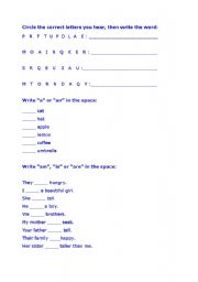 English worksheet: Review about nouns, pronouns, verb to be, and other activities