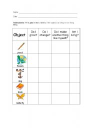 English Worksheet: Living and Non Living Chart