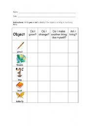 English worksheet: Living and Non Living Chart