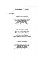 English Worksheet: Creative Writing: Limericks