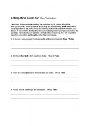 English Worksheet: Anticipation Guide for The Outsiders, by SE Hinton