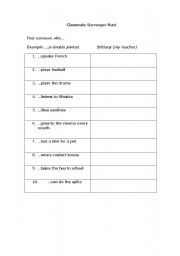 English Worksheet: Classmate Scavenger Hunt