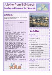 English Worksheet: A LETTER FROM EDIMBURGH : READING AND GRAMMAR Series N 1