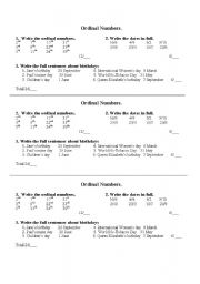 English worksheet: ordinsl numbers/dates