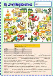 English Worksheet:  MY LOVELY NEIGHBOURHOOD 2 [jobs and simple present tense] second part :) answers are included.