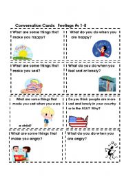 English Worksheet: Conversation Cards:  Feelings #s 1-8  (Part 1 of 3)