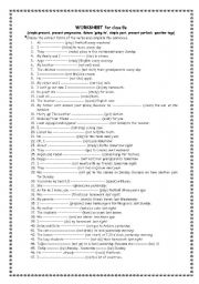 English Worksheet: simple present, present progressive, future going to, simple past, present perfect, question tags)
