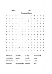 English Worksheet: Restaurant Word Search