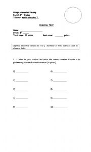 English Worksheet: numbers and colours test