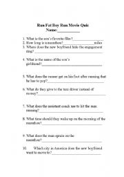 English Worksheet: Run Fat Boy Run Movie Quiz