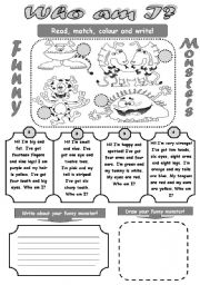 English Worksheet: WHO AM I? - FUNNY MONSTERS- FUN READING AND WRITING ACTIVITY FOR KIDS! (revision of colours, numbers, body parts)