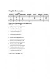 English Worksheet: Calendar table